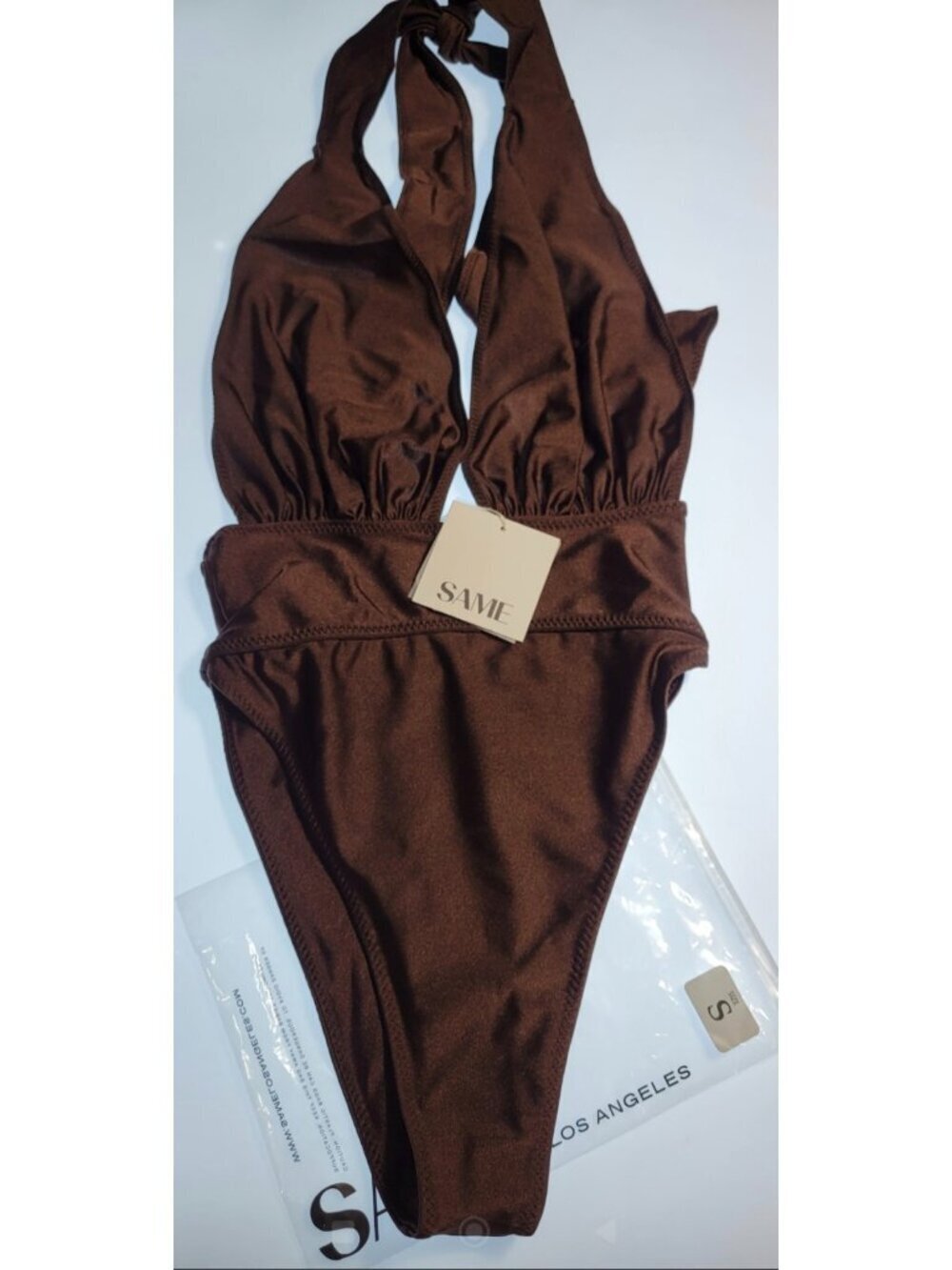 SAME Los Angeles One Piece Swimsuit Brown Halter High Cut Cheeky NWT Size S